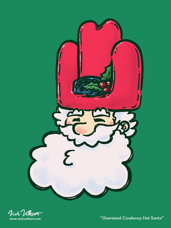 Santa is smiliing while sporting a giant oversized red cowboy hat with a dash of holly on the headband, to compliment his big fluffly white beard.