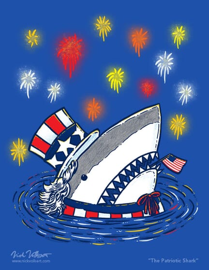 A shark pops out of the water dressed as Uncle Sam, with fireworks going off in the background.