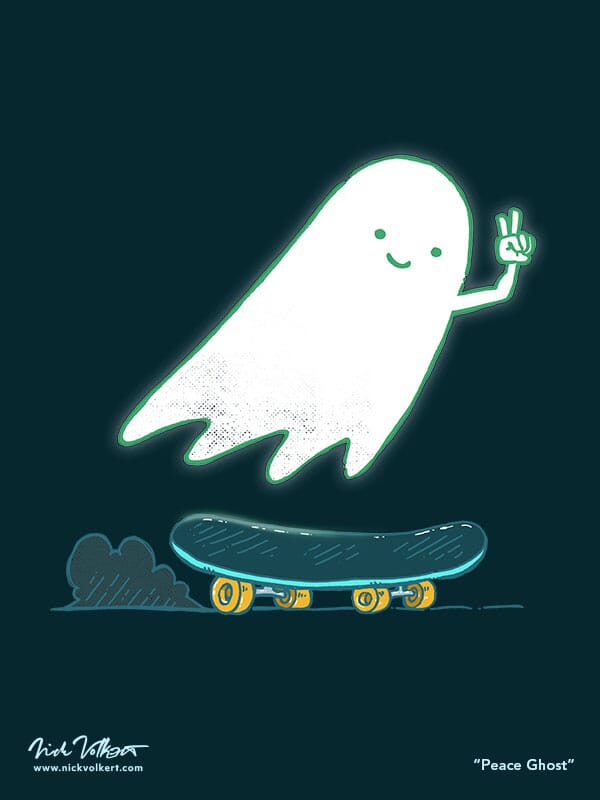 A happy ghost cruises by, hovering over a skateboard in motion while giving the peace sign.