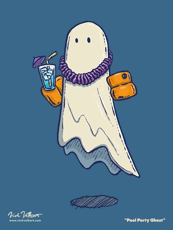 Pool Party Ghost | Nick Volkert A floating ghost enjoys a cool beverage and has his wingies on for a dip in the pool.