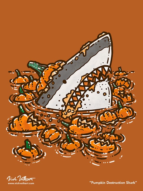 A shark covered in pieces of pumpkins peeks out of the water to assess all the pumpkin destruction!