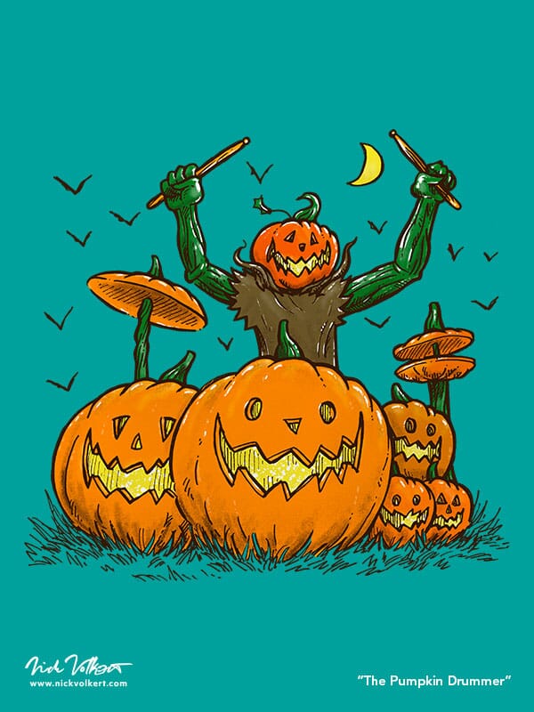 A figure with a head of a jack o'lantern is behind a group of jack o'lanters set up as a drum set.