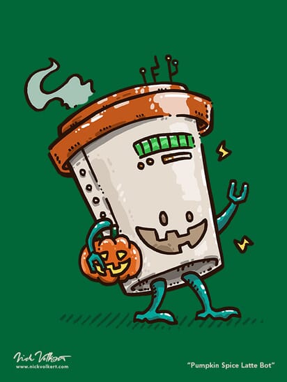 A happy robot in the shape of cup of coffee walks by the viewer while carrying a pumpking and smiling with its robotic jack o' lantern face!