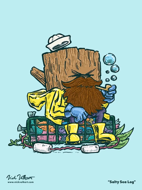An old salty sea log takes a breather over a bountiful catch of fresh fish while taking the edge off his time at sea with some fun bubbles!