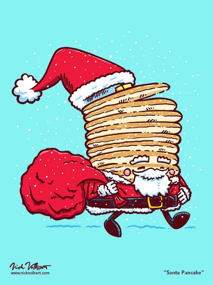 Captain Pancake is dressed as Santa Claus carrying a huge bag of presents.