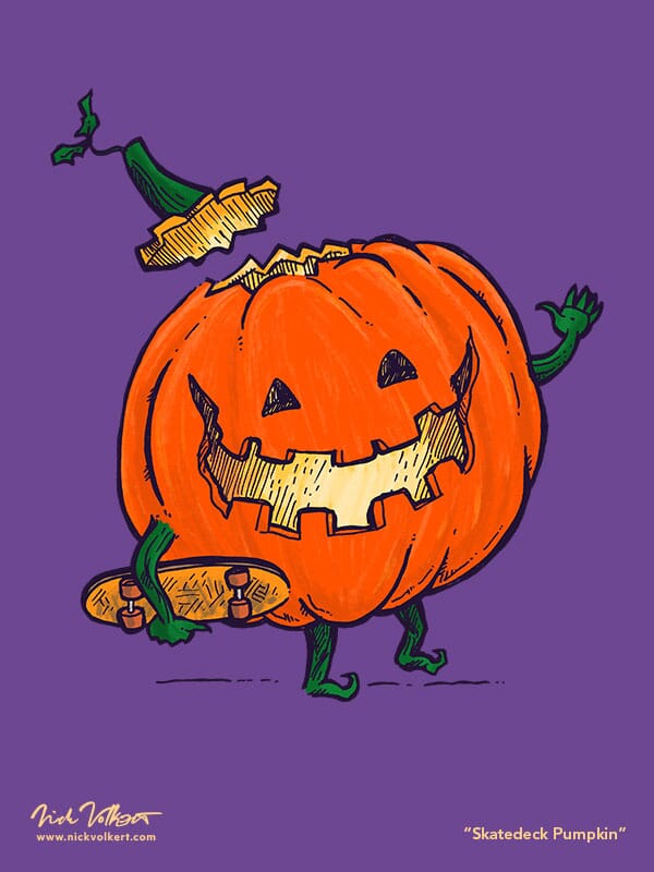 A sweet pumpkin waves and heads off ready to skateboard and do some tricks.