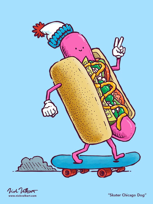 A chicago-style hot dog is riding on a skateboard while wearing a stocking cap and giving a peace sign to the viewer.