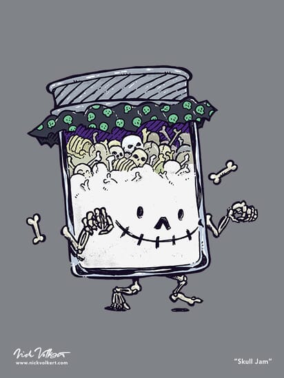 A jar full of bones and skulls trots by for Halloween.