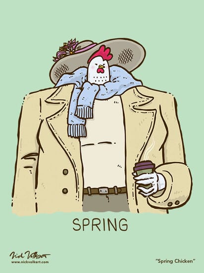 A lady chicken in a sweet derby hat holds her coffee.