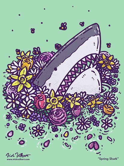 A shark pops up out of the water into a bouquet of spring flowers and a few bees.