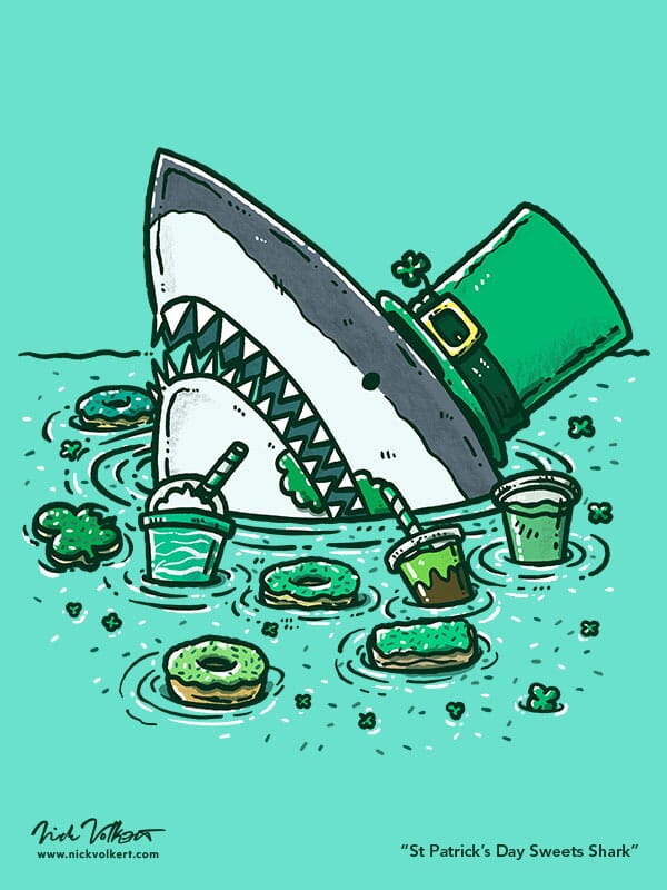 A shark dressed in festive St Patrick's Day attire enjoys donuts, sweets and festive drinks to celebrate the holiday.