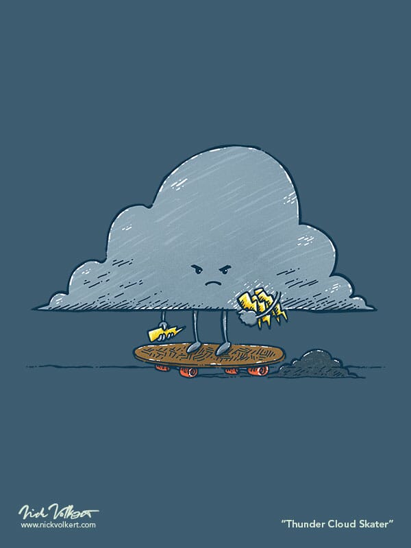 An angry cloud is ready to storm, riding a skateboard, and has an arm full of lightning bolts