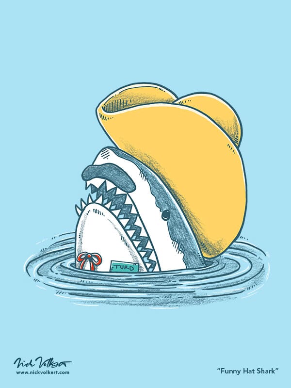 A shark pops out of the water with a foam hat and mustache.