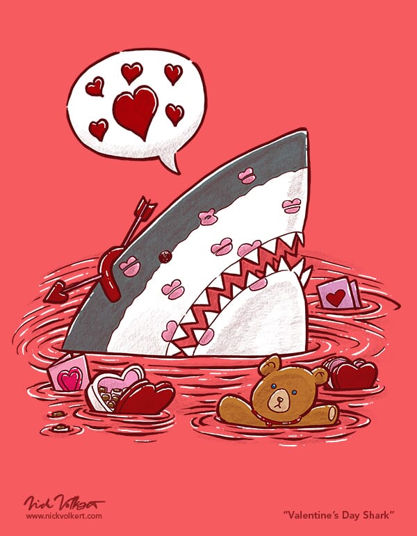 A shark peeks out of the water covered in kisses and wearing an arrow through its head headpiece.