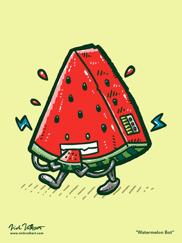 A cute watermelon robot walks by on its robotic legs while its robotic arms hold and eat a tasty slice of an actual watermelon!