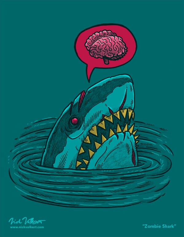 A shark pops out of the water that is a zombie.