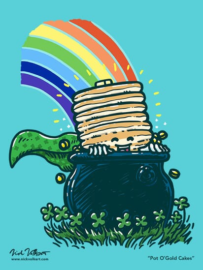 Captain Pancake is peeking out of a pot of gold with a rainbow in the background landing on the pot.