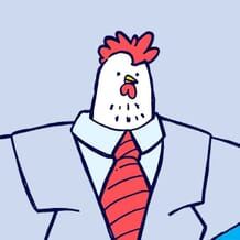 The small head of a chicken pops out of a very large business suit and tie with the text 'business' on the bottom.
