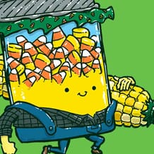 A jar full of candy corn trots by while carrying a large ear of actual corn, while wearing bib overalls and a straw hat!