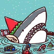 A shark dressed as an elf is surrounded by toys.