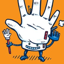 A small robot that's is a high five with another hand waiting for a high five and also a clamp hand holding a high five waiting for your high fives!