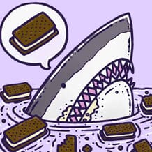 A sharks peaks out of the water with ice cream on its face, surrounded by floating half-eaten ice cream sandwiches.