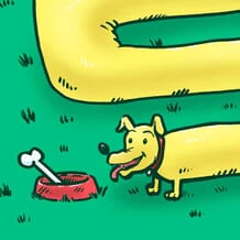 An elongated and winding weiner dog winds along the green grass to its bowl and bone.