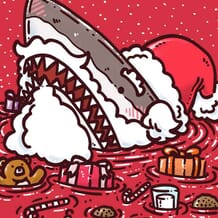 A shark peeks out of the water, surrounded by an assortment of cookies and gifts, dressed as Jolly St Nick!