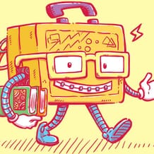 A small smiling lunch box, with glasses and braces, walks to class.