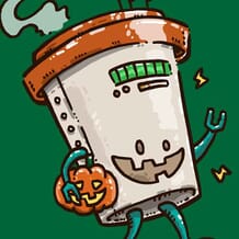 A happy robot in the shape of cup of coffee walks by the viewer while carrying a pumpking and smiling with its robotic jack o' lantern face!