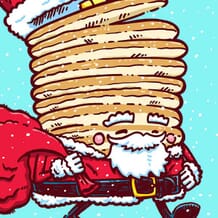 Captain Pancake is dressed as Santa Claus carrying a huge bag of presents.