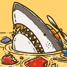 A shark peeks out of the water wearing a spinning helicopter hat with all of his books and school supplies in disarray floating in the water.