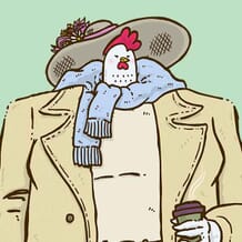 A lady chicken in a sweet derby hat holds her coffee.