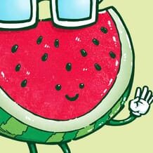 A happy quarter of a watermelon skates by with some white sunglasses.