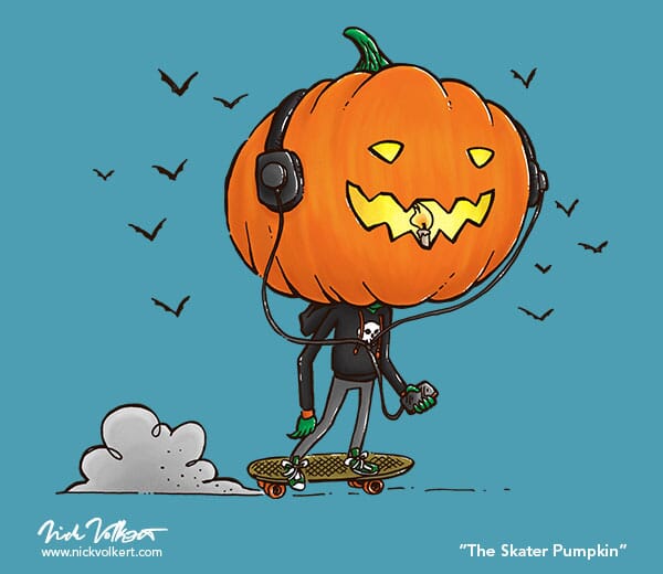 A skater with a jack o'lantern for a head zips by the viewer.