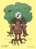 A wooden robot regrows it's leaves and roots as it hosts a family of small song birds.