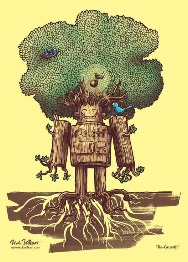 ReGrowth | Nick Volkert aka nickv47 A fully blooming tree that had a former life as a robot has a bird and hatchlings living in his branches.