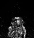 A woman in a space suit going hush as the stars and vaccum of space rests behind her.
