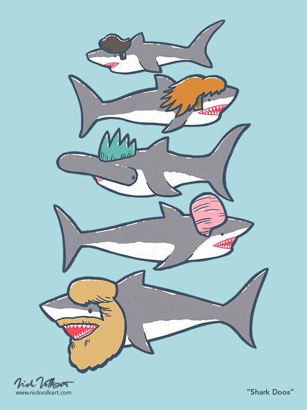 A collection of sharks with various haircuts.