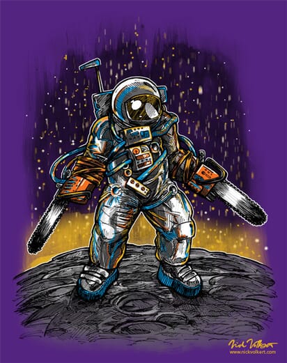 An astronaut in space with chainsaws for hands standing on the moon.