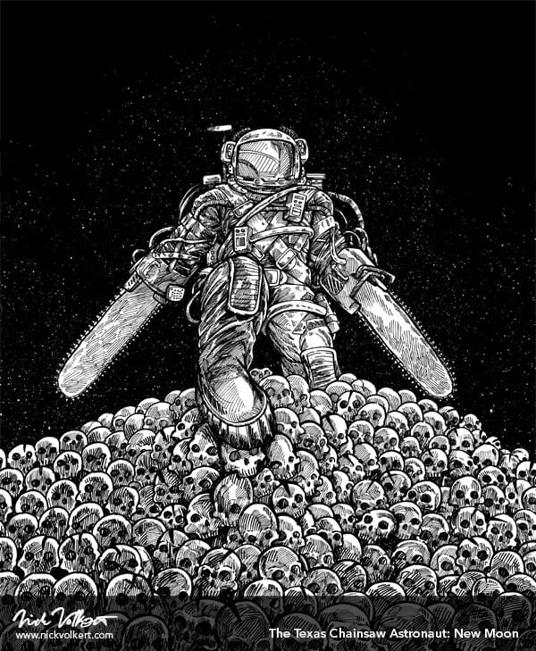 An astronaut with chainsaws for arms steps over a large pile of skulls.