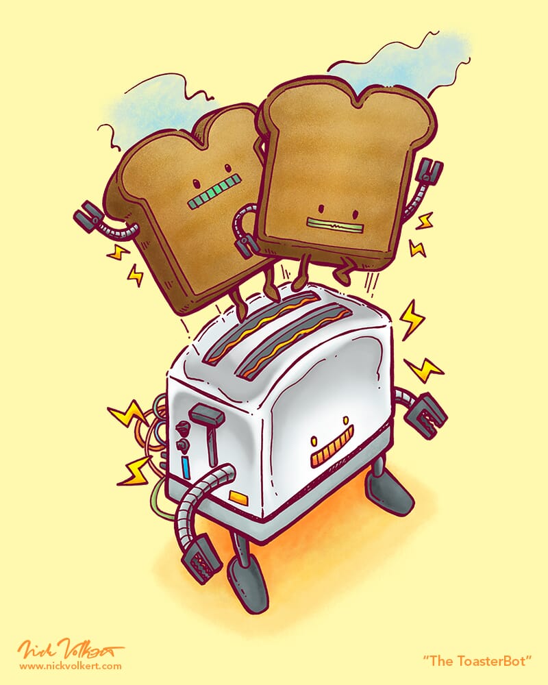 A robot toaster is ejecting two toasted robots.