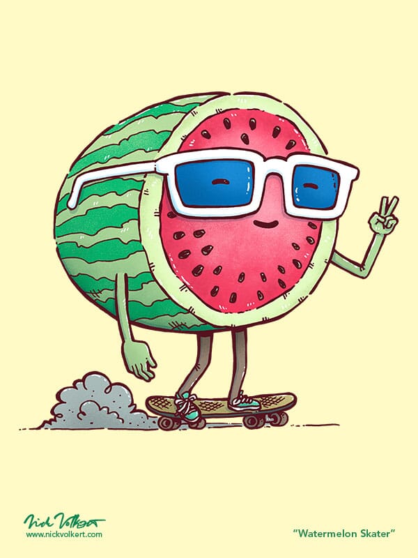 A watermelon wearing sunglasses rides a skateboard while giving the 'peace' sign.