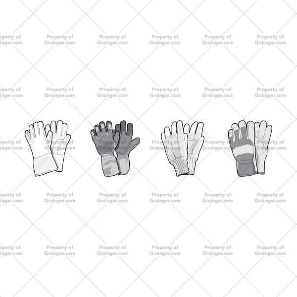 A selection of technical line art drawings of a variety of work gloves in grayscale for search and browse graphic for Grainger dot com.
