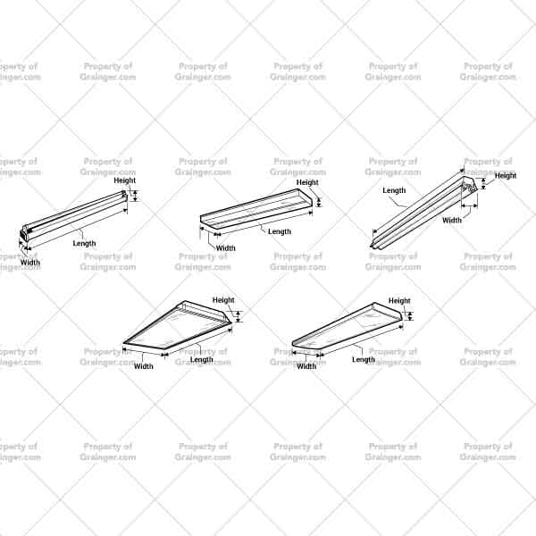 A selection of technical line art drawings in black and white of light ballasts illustrating their dimensions as a search and browse graphic for Grainger.