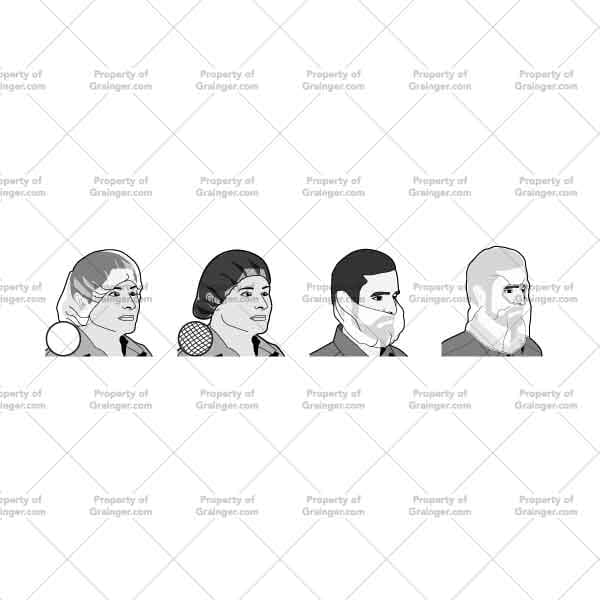 A selection of line art drawings in grayscale of beard and hair nets as a search and browse graphic for Grainger.
