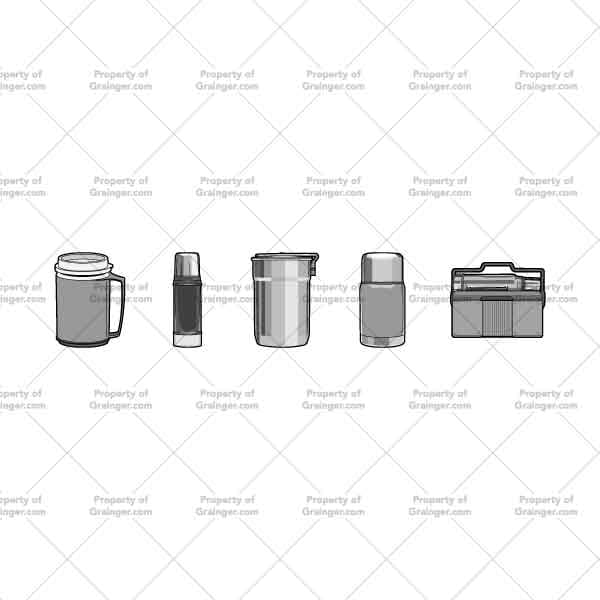 A selection of line art drawings in grayscale of a group of beverage holders and coolers as a search and browse graphic for Grainger.