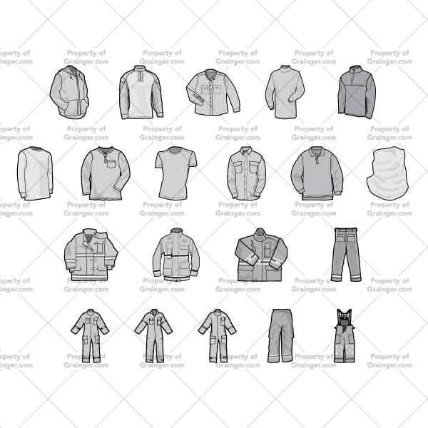 A selection of technical line art drawings of protective shirts and overalls in grayscale for search and browse graphic for Grainger dot com.