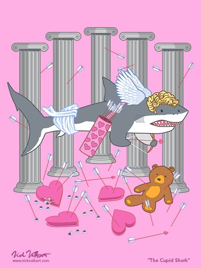 A shark dressed as cupid surrounded by assorted Valentines chocolates and gifts.