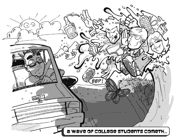 A wave of college kids is ready to crash on the writer in his car.